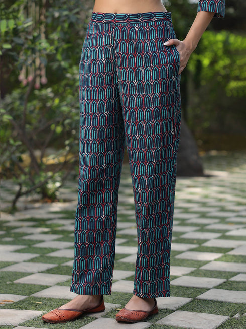 Women Navy Blue Ethnic Printed Cotton Embroidered Straight Kurta With Printed Trousers and Printed Dupatta