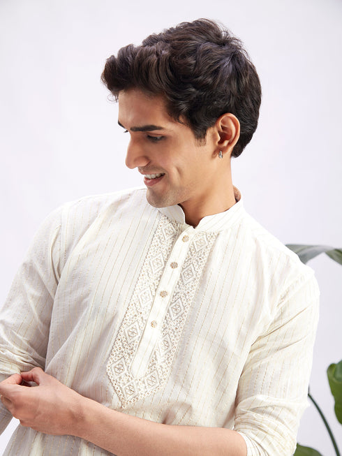 Men's White Jacquard Cotton Kurta Pyjama Set