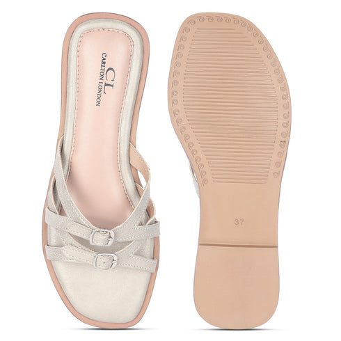 Women's Flat Slide Sandal with Criss-Cross Straps & Buckles
