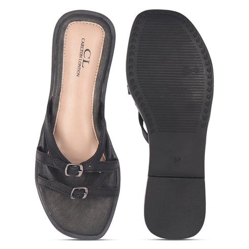 Women's Flat Slide Sandal with Criss-Cross Straps & Buckles