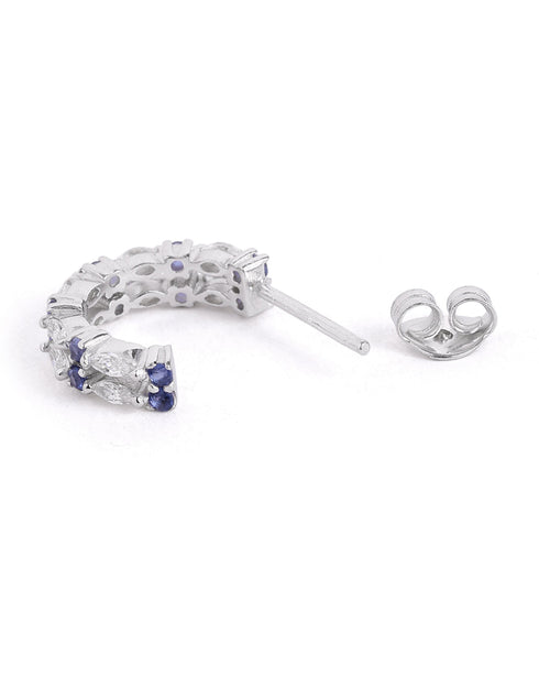 Rhodium Plated Blue Sapphire Studded Double Band Half Hoop Earring