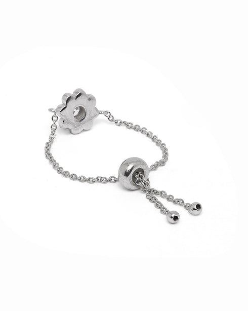 Rhodium Plated CZ Floral Adjustable Chain Ring