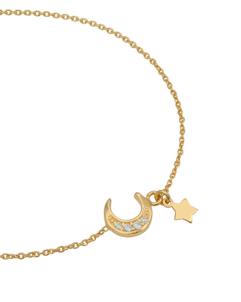925 Sterling Silver 18kt Gold Plated CZ Moon and Star Charm Bracelet