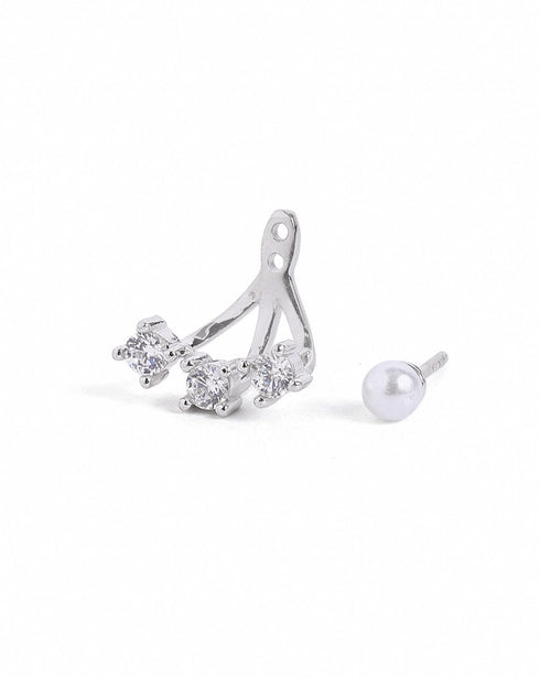 Rhodium Plated CZ Pearl Ear Jacket Earring