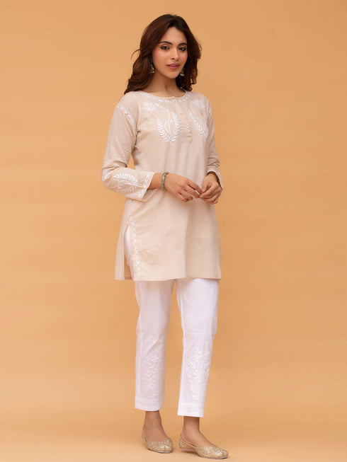 Saba Chikankari Short kurta in Slub cotton - Beige