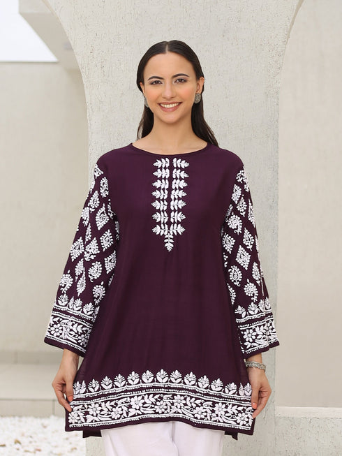 Saba Chikankari Short kurta in Modal Silk - Purple
