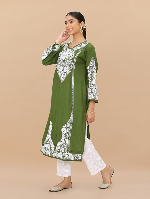 Saba Chikankari Long Kurti in Modal Silk - Green