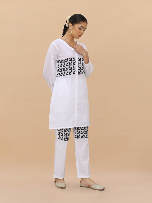 Saba Chikankari Cord Set in Cambric cotton - White with Black