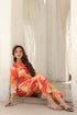 Women Peach Tropical Printed Lace Inserts Pure Cotton Tunic With Trouser