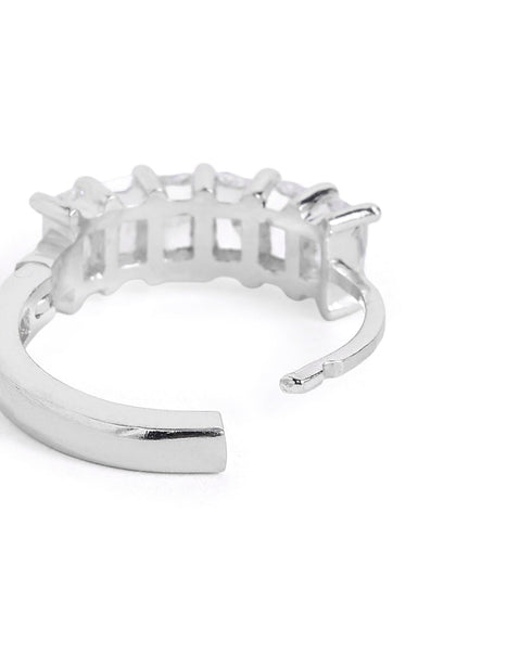 Rhodium Plated Studded Hoop Earring with Baguette CZ