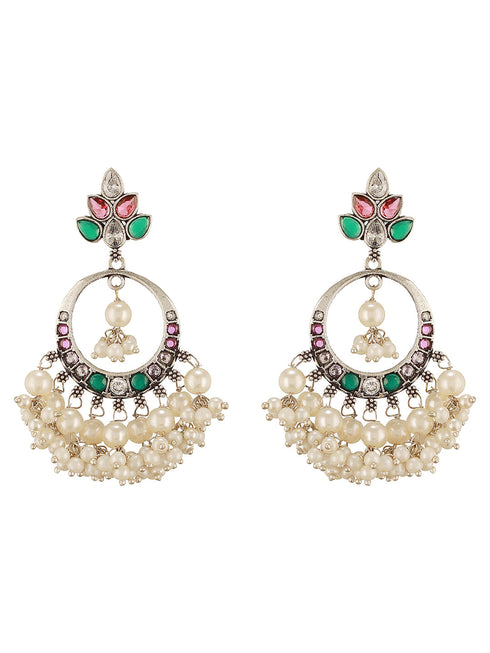 Silver Oxidised Plated Red & Green AD Studded Handcrafted Chandbali Dropdown Earrings