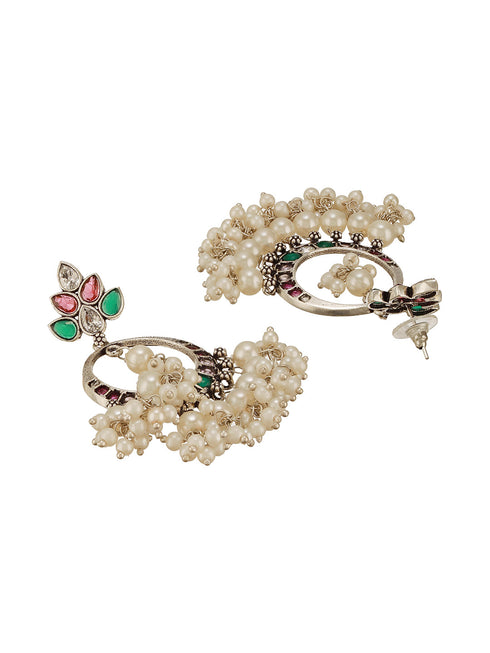 Silver Oxidised Plated Red & Green AD Studded Handcrafted Chandbali Dropdown Earrings