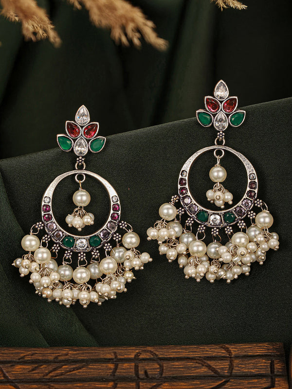 Silver Oxidised Plated Red & Green AD Studded Handcrafted Chandbali Dropdown Earrings