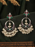 Silver Oxidised Plated Red & Green AD Studded Handcrafted Chandbali Dropdown Earrings