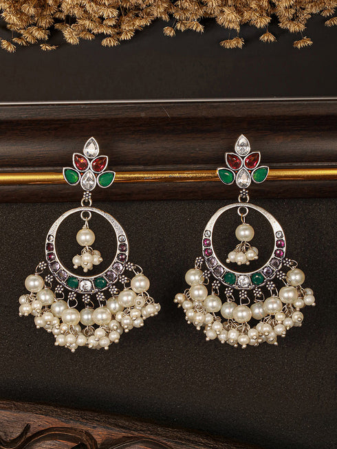 Silver Oxidised Plated Red & Green AD Studded Handcrafted Chandbali Dropdown Earrings