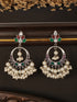 Silver Oxidised Plated Red & Green AD Studded Handcrafted Chandbali Dropdown Earrings