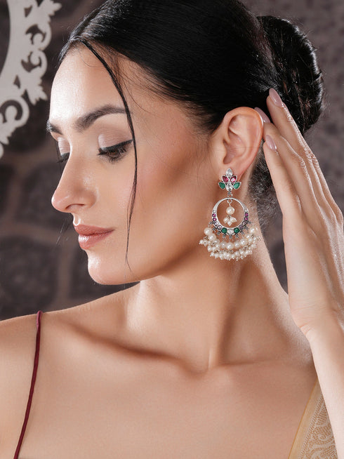 Silver Oxidised Plated Red & Green AD Studded Handcrafted Chandbali Dropdown Earrings
