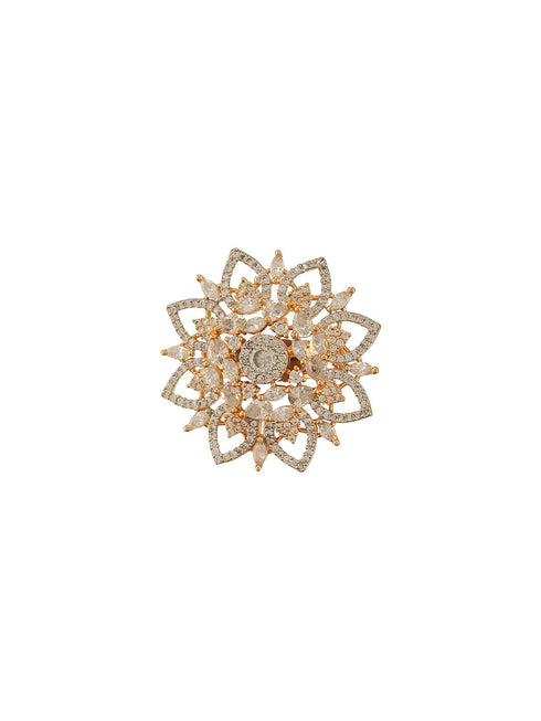 Gold Plated Zircon Studded 3 D Effect Adjustable Floral Engagement Cocktail Finger Ring