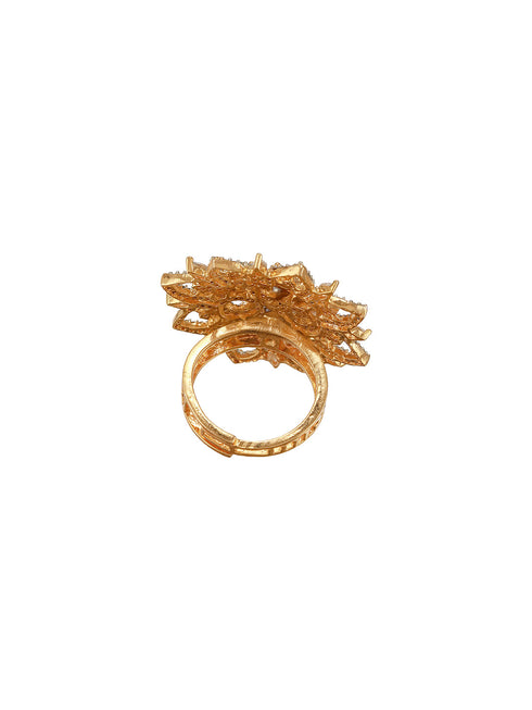 Gold Plated Zircon Studded 3 D Effect Adjustable Floral Engagement Cocktail Finger Ring