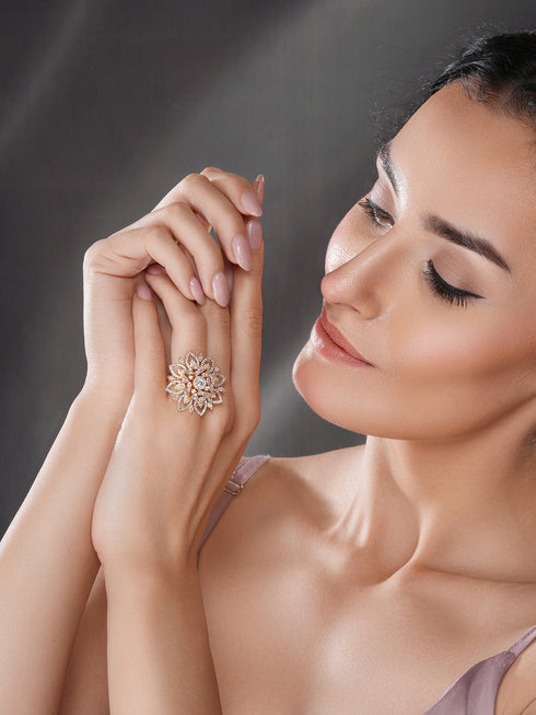 Gold Plated Zircon Studded 3 D Effect Adjustable Floral Engagement Cocktail Finger Ring