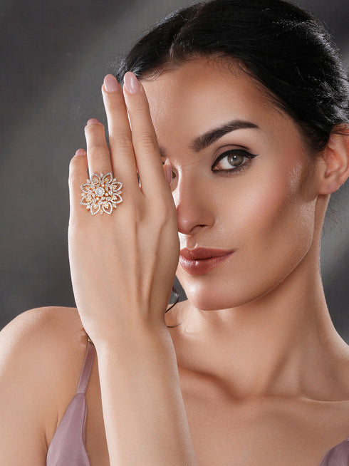 Gold Plated Zircon Studded 3 D Effect Adjustable Floral Engagement Cocktail Finger Ring