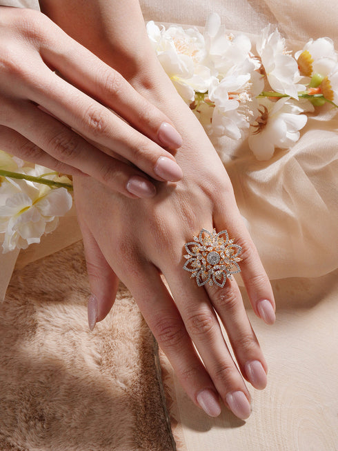 Gold Plated Zircon Studded 3 D Effect Adjustable Floral Engagement Cocktail Finger Ring