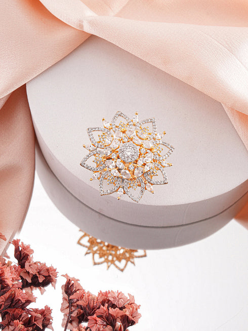 Gold Plated Zircon Studded 3 D Effect Adjustable Floral Engagement Cocktail Finger Ring