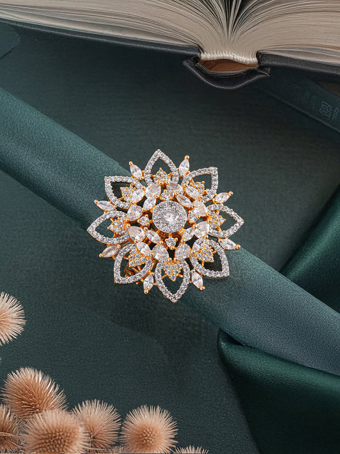 Gold Plated Zircon Studded 3 D Effect Adjustable Floral Engagement Cocktail Finger Ring