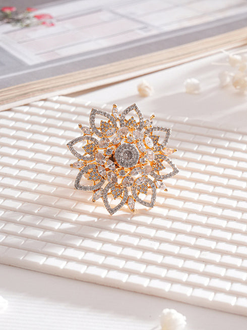 Gold Plated Zircon Studded 3 D Effect Adjustable Floral Engagement Cocktail Finger Ring