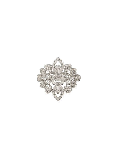 White Rhodium Plated Zircon Studded Floral Designer Cocktail Marriage Finger Ring