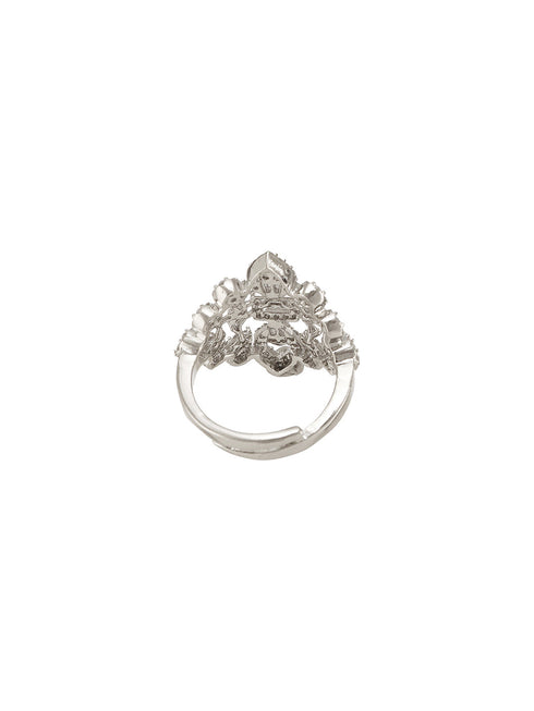 White Rhodium Plated Zircon Studded Floral Designer Cocktail Marriage Finger Ring