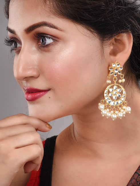 Gold Toned Kundan Studded & Pearl Beaded Circular Earrings