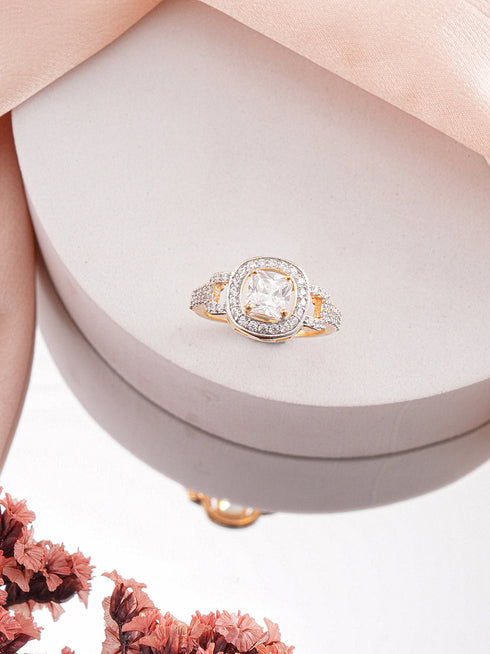 Gold Plated Princess Cut Zircon Studded Link Minimal Adjustable Propose Engagement Finger Ring