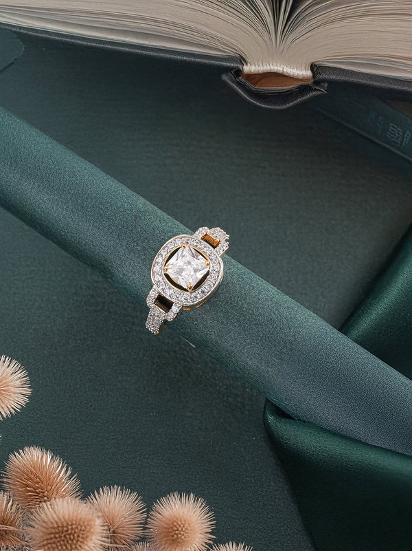 Gold Plated Princess Cut Zircon Studded Link Minimal Adjustable Propose Engagement Finger Ring