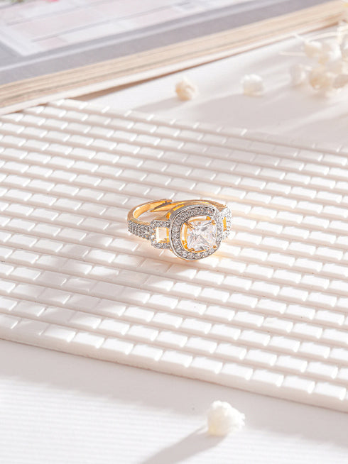 Gold Plated Princess Cut Zircon Studded Link Minimal Adjustable Propose Engagement Finger Ring