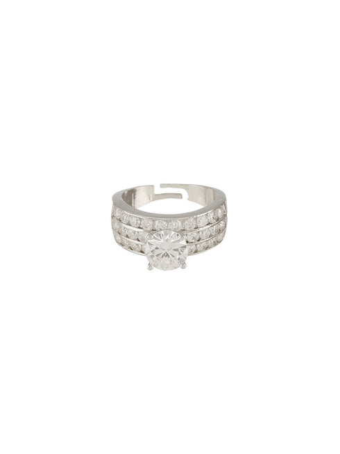 Silver Plated Cubic Zircon Studded Adjustable Bridal Engagement Wedding Band Finger Ring
