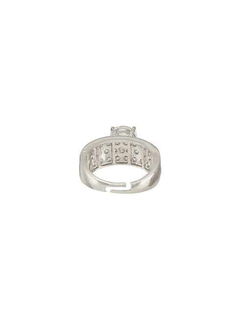 Silver Plated Cubic Zircon Studded Adjustable Bridal Engagement Wedding Band Finger Ring