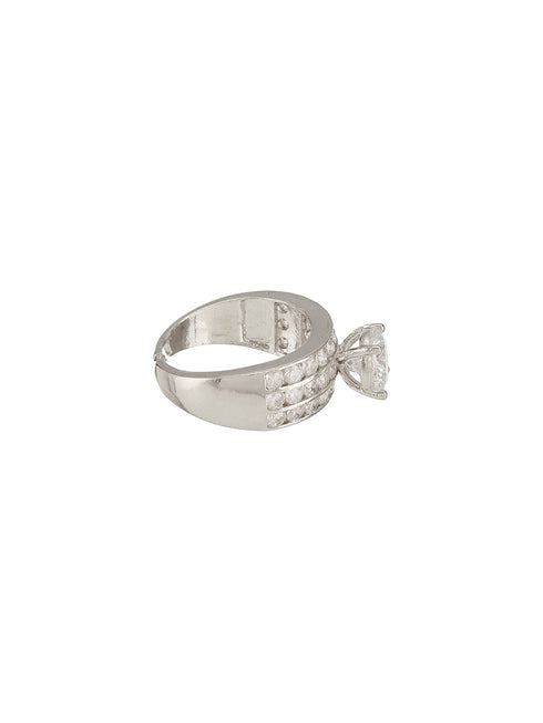 Silver Plated Cubic Zircon Studded Adjustable Bridal Engagement Wedding Band Finger Ring