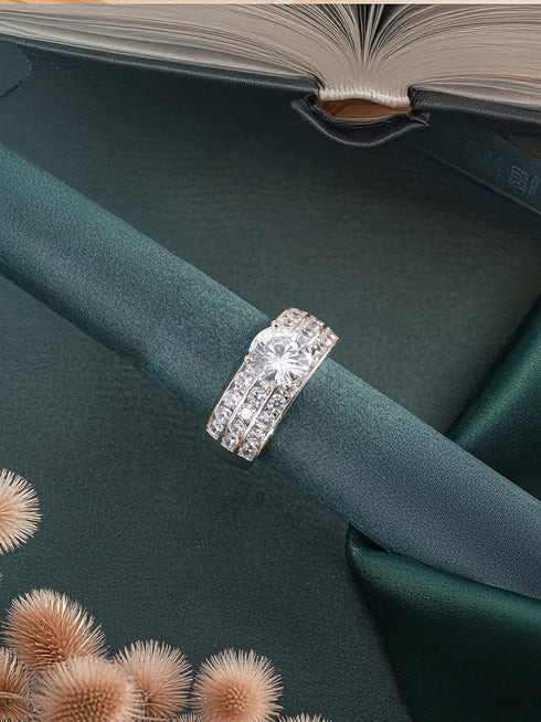 Silver Plated Cubic Zircon Studded Adjustable Bridal Engagement Wedding Band Finger Ring