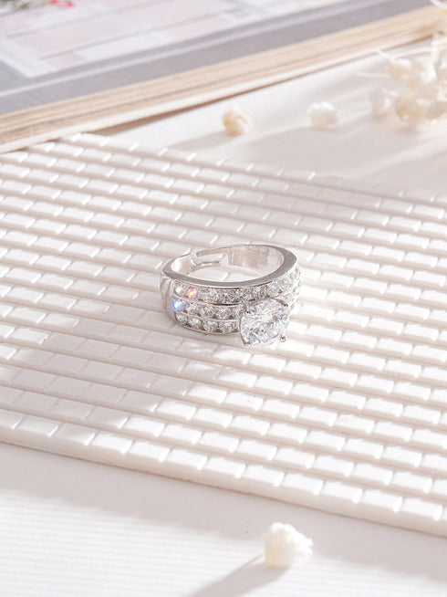 Silver Plated Cubic Zircon Studded Adjustable Bridal Engagement Wedding Band Finger Ring