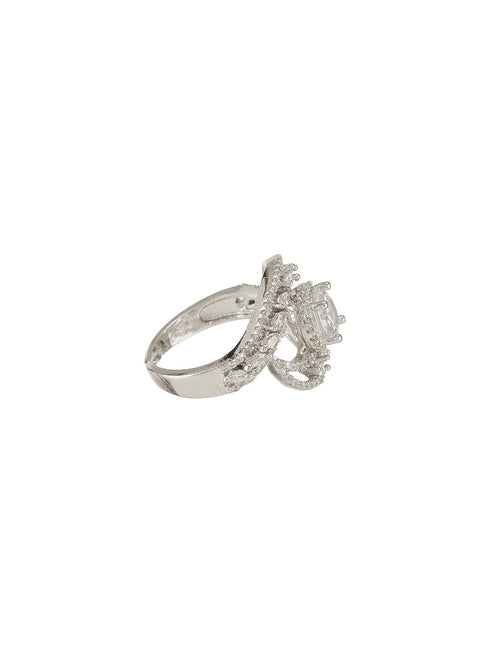 White Rhodium Cubic Zircon Studded Marriage Propose Adjustable Cocktail Finger Ring