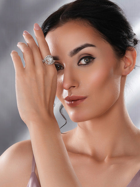 White Rhodium Cubic Zircon Studded Marriage Propose Adjustable Cocktail Finger Ring