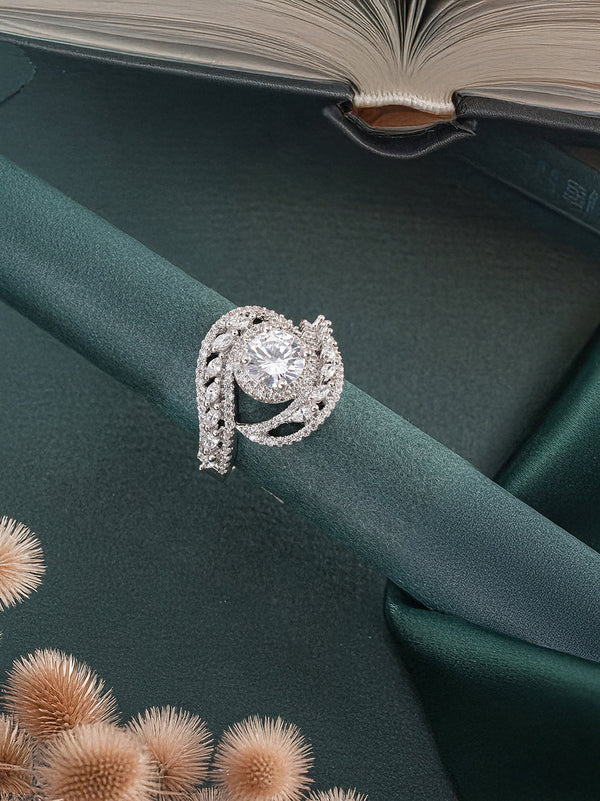 White Rhodium Cubic Zircon Studded Marriage Propose Adjustable Cocktail Finger Ring