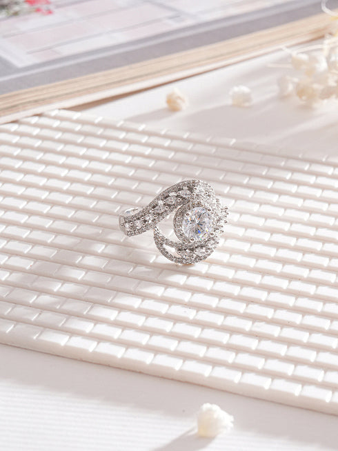 White Rhodium Cubic Zircon Studded Marriage Propose Adjustable Cocktail Finger Ring