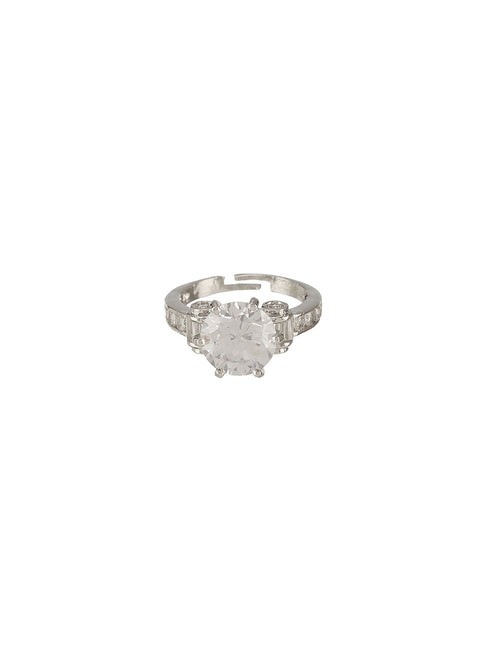 Silver Toned Cubic Zircon Studded Engagement Cocktail Adjustable Finger Ring