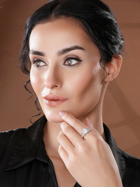 Silver Toned Cubic Zircon Studded Engagement Cocktail Adjustable Finger Ring