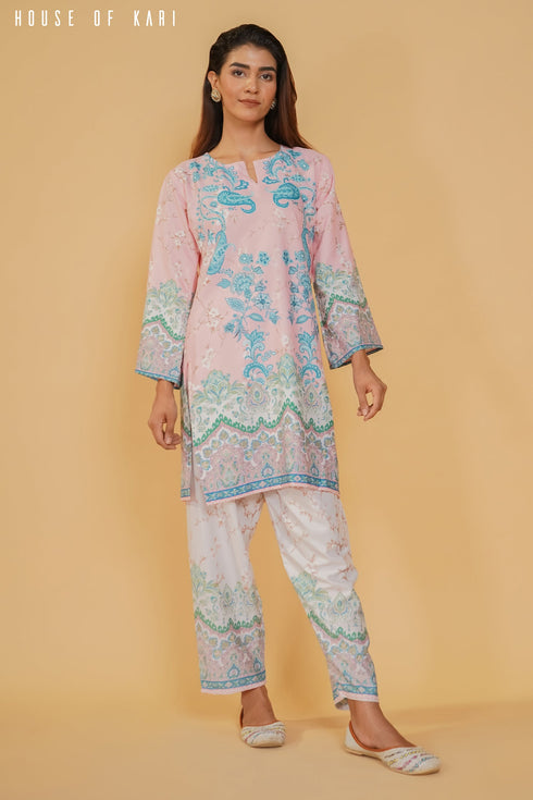 Printkari Poly Muslin Co-ord set in Pink & Sky Blue