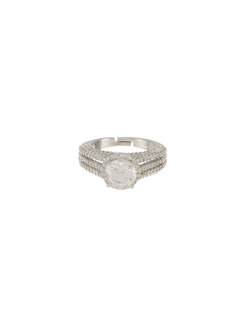 Silver Rhodium Plated White Zircon Studded Adjustable Solitaire Engagement Propose Wedding Finger Ring