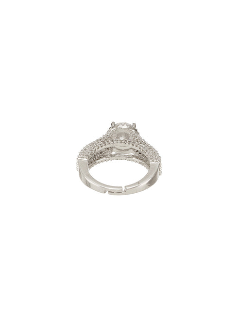 Silver Rhodium Plated White Zircon Studded Adjustable Solitaire Engagement Propose Wedding Finger Ring