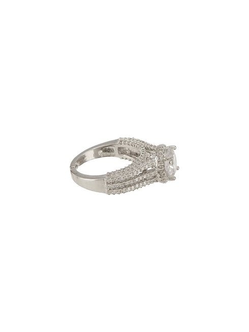 Silver Rhodium Plated White Zircon Studded Adjustable Solitaire Engagement Propose Wedding Finger Ring